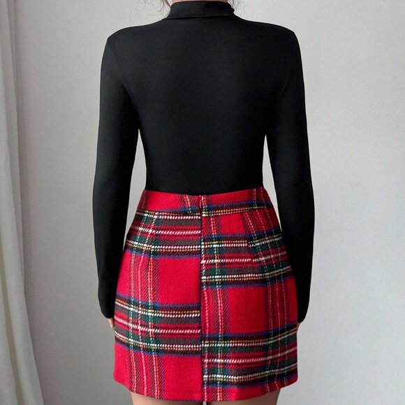 Multicolor Elegant Women's Party Plaid T-Shirt And Skirt Set - Picture 2 of 6